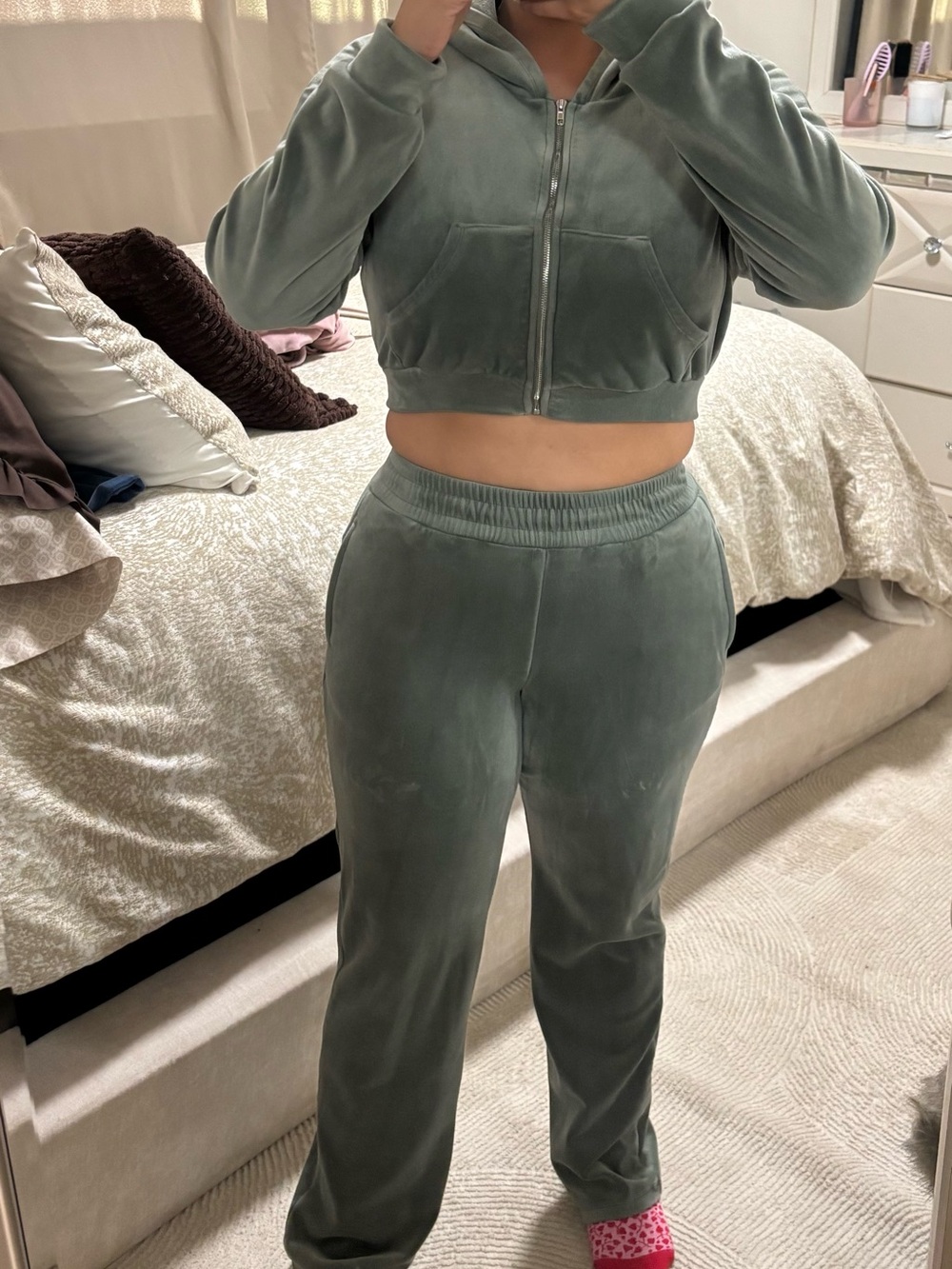 Fashion Nova Sage Green Velour Cropped Hoodie & Track Pants Set